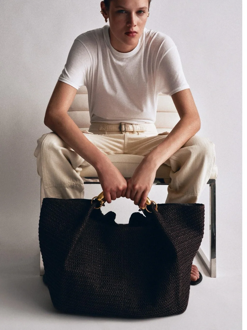 Zara Woven Tote Handbag in Dark Brown with Gold Accents